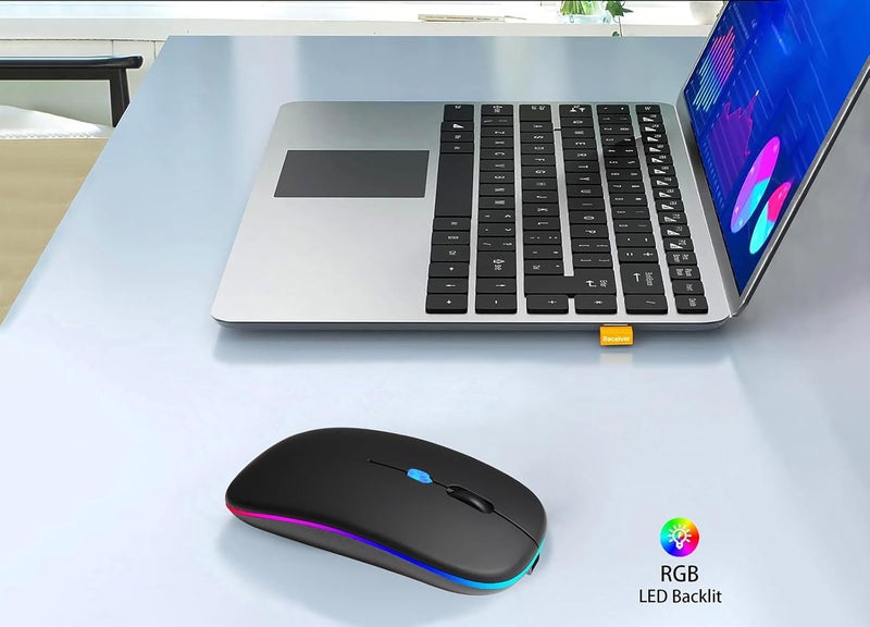 AOLIKOKO Wireless Bluetooth Mouse Rechargeable Laptop Mice with LED Use Portable(BT5.2 and USB 2.4G) Dual Mode Connection Silent Slim Computer Mouse for Laptop/iPad Tablet/Apple MacBook/PC (Black) - Image 2